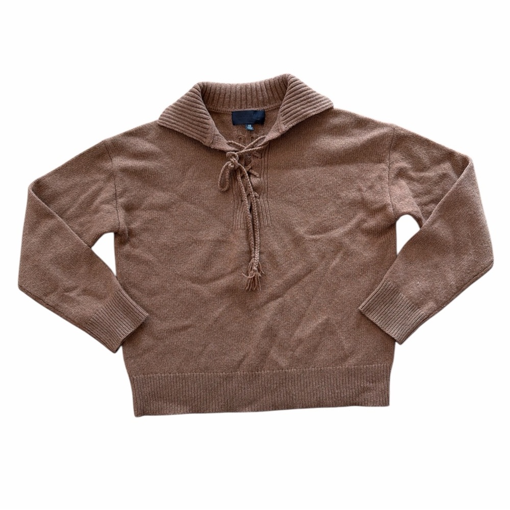 Nili Lotan Gloria Collared Lace Up Wool Sweater in Cognac Brown